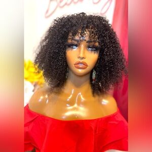 Human Hair Afro Kinky Curly 200% Density Bang Wig
